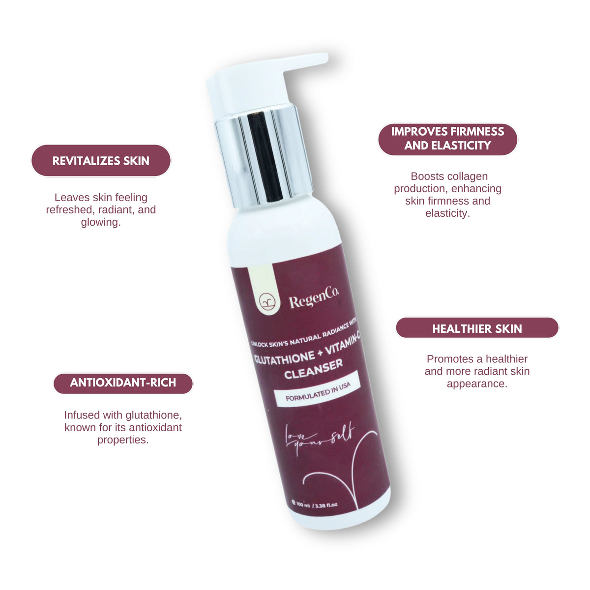 RegenCo. Glutathione + Vitamin C Face Cleanser - 100 ml| Natural Radiance Acne Face Wash Facial Cleanser | Oil-Free Daily Face Wash | Daily Cleanser Face Cleansing Make up Remover Cleanser | Glutathione Vitamin C Facewash